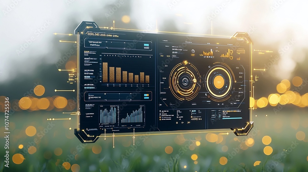 Fototapete Futuristic AI driven agricultural data visualization interface showcasing real time analytics and insights set against a backdrop of serene natural lighting and beautiful bokeh effects