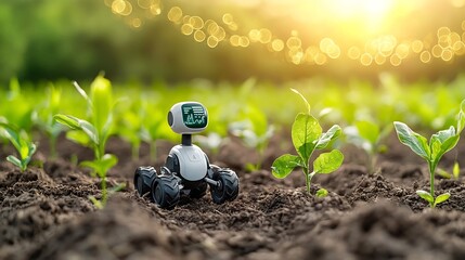 A sophisticated agricultural robot leveraging intelligence to meticulously analyze crop health with captivating data visualization and a golden light bokeh effect in the background