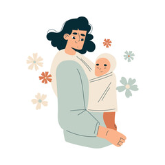 Young Woman with Newborn Baby Child Carry Him in Sling Vector Illustration