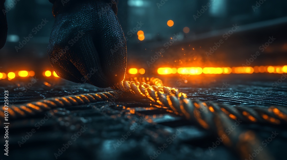 Poster a close-up of a hand manipulating a rope, surrounded by glowing orange lights, evoking a sense of de