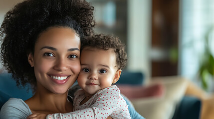 A working mother on a video call at home, with her child playing in the background, creating a realistic blend of professional and family life 