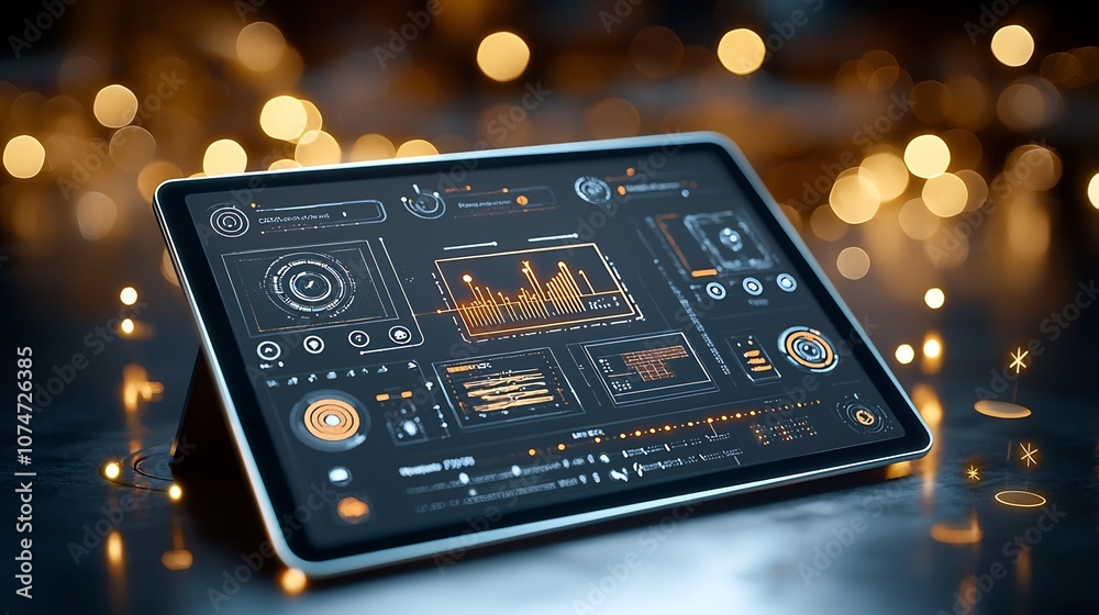 Poster Futuristic AI Powered Soil Moisture Analysis Interface on Tablet with Warm Bokeh and Golden Light Representing Innovative Precision Farming Technology and Sustainability