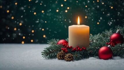 Elegant Christmas Candle with Red Ornaments and Snowy Pine Decorations in Winter Scene