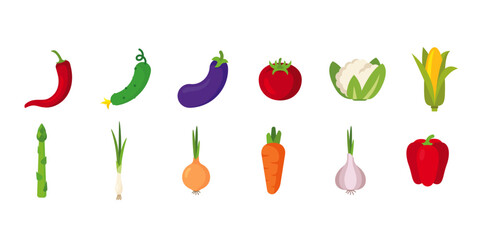 Vegetables set with 12 items; isolated flat illustrations in transparent background