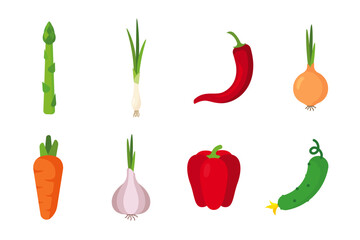 Vegetables set with 8 items; isolated flat illustrations in transparent background