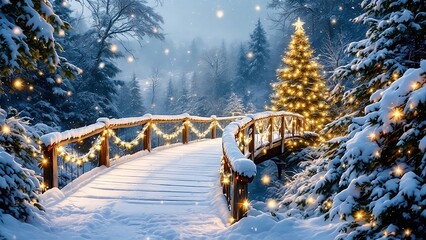 Snow-Covered Bridge Leading into a Winter Forest, with Trees Adorned in Twinkling Lights and Snowflakes Gently Falling, Evoking a Peaceful Christmas Landscape