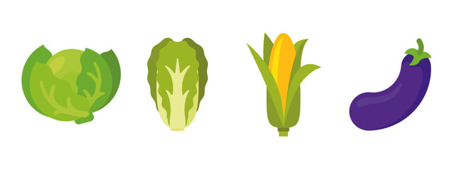 Vegetables set with White Cabbage, Napa Cabbage, Corn, Eggplant; isolated flat illustrations in transparent background