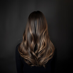 Naklejka premium female long ash brown hair with highlights, cascading down her back, long wavy hair salon photography