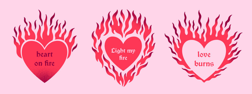 Flaming burning hearts Valentine's day illustrations. Gothic goth angel core y2k style set. Heart on fire, love burns, light my fire typographic compositions. Print design collection, card templates.