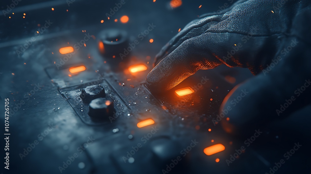 Poster a close-up of a gloved hand pressing a glowing button on a control panel, surrounded by water drople