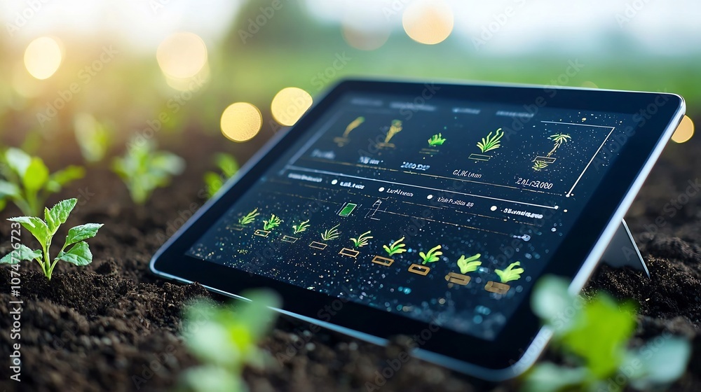 Fototapete of an AI powered digital tablet displaying real time soil moisture data with golden bokeh and light flares