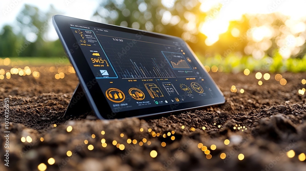 Aufkleber Real time soil moisture levels displayed through advanced digital technology on a tablet device set against a backdrop of golden bokeh and light flares