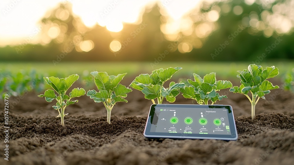 Poster real time soil moisture levels displayed on digital tablet with glowing golden bokeh and light flare