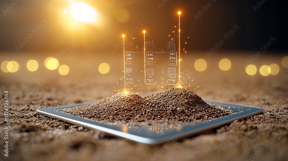 Poster Precision farming analytics and real time soil moisture levels showcased on a digital tablet set against a backdrop of golden bokeh and light flares