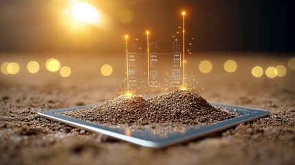 Precision farming analytics and real time soil moisture levels showcased on a digital tablet set against a backdrop of golden bokeh and light flares