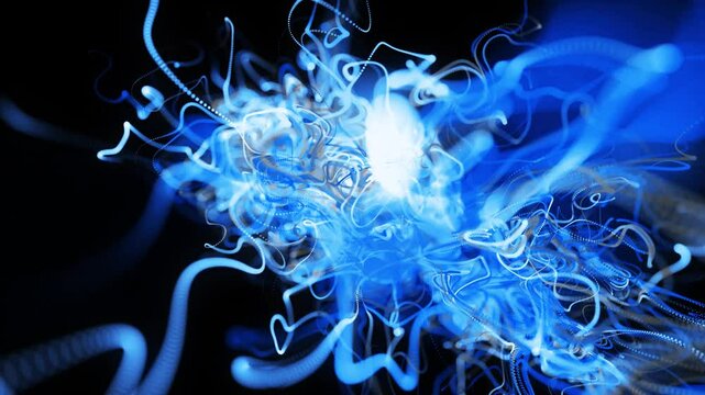 Visualization of neural network operation bg. Abstract fast lines of light streaks in air. Stream of lines forms curled blue lines like glow light trails, lines form swirling pattern like curle noise.