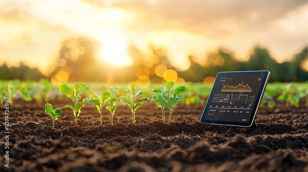 Poster Innovative AI driven tablet interface showcasing the future of precision agriculture through soil moisture analysis set against a backdrop of warm golden bokeh lighting and flare effects
