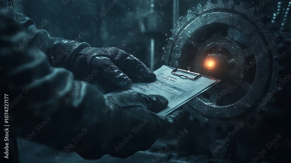 Poster a person in gloves holds a clipboard near a mechanical device with glowing elements in a dimly lit, 