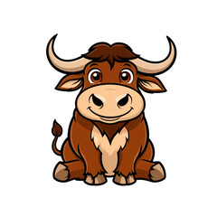 Cartoon style auroch sticker with expressive brown eyes, curved horns, and gentle smile on white background, generative ai