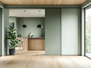 Fototapeta premium A kitchen with a sliding door and a potted plant