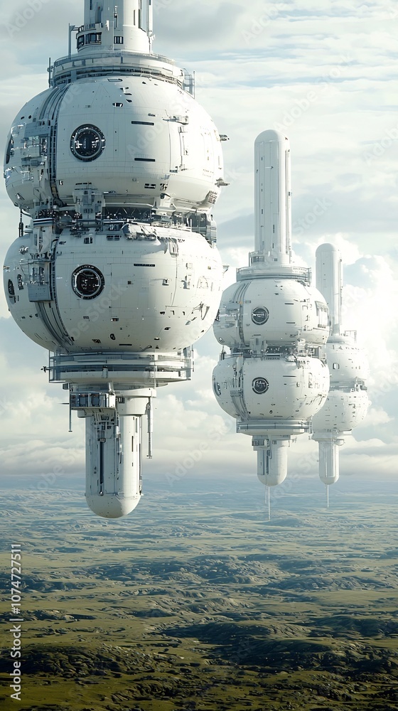 Poster futuristic alien planet with advanced human colony structures and diverse extraterrestrial landscape