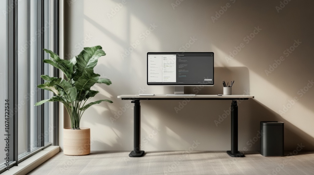 Poster a stylish workspace features an adjustable desk, a large monitor, and a green plant, enhancing produ