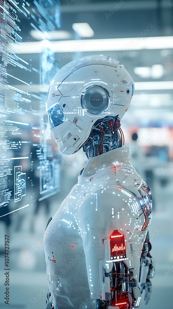 Poster cybernetic human with robotic limbs stands in a futuristic high tech city surrounded by holograms an