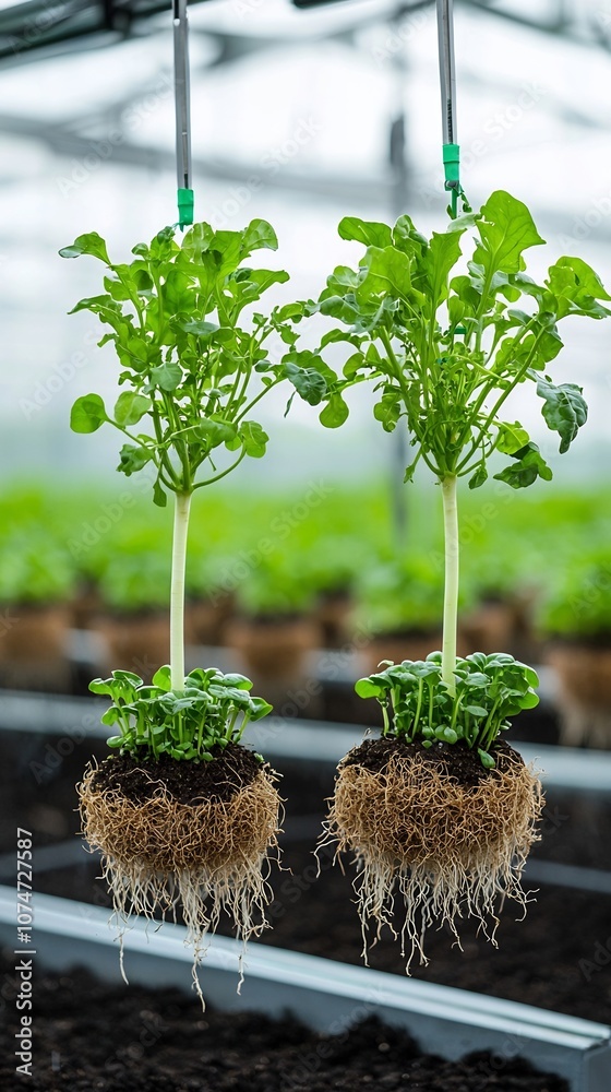 Poster suspended aeroponic farm with exposed roots and nutrient mist showcasing an efficient and high tech 