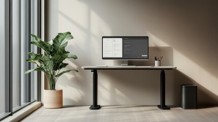 A stylish workspace features an adjustable desk, a large monitor, and a green plant, enhancing productivity in a bright environment. Generative AI