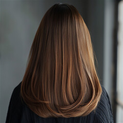 Naklejka premium female long ash brown hair with highlights, cascading down her back, long wavy hair salon photography