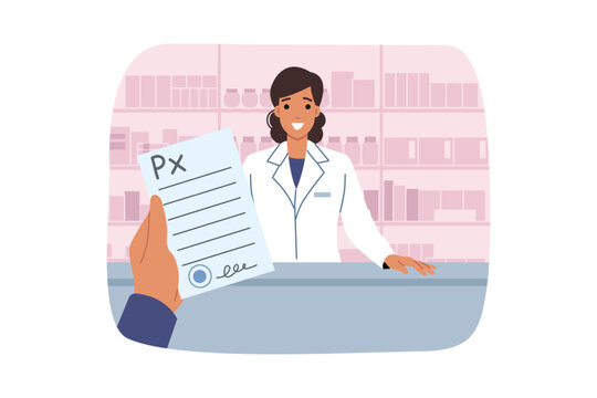 RX prescription form in hand of pharmacy visitor who came to woman pharmacist for medicine. Pharmacologist girl greets patient in need of antibiotics from RX prescription with smile