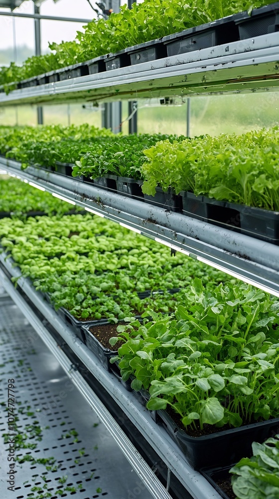 Poster vertical hydroponic system featuring nutrient rich leafy greens carefully managed for optimal lighti