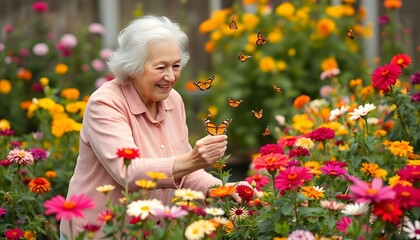 Senior Woman Admiring Butterflies in a Flower Garden