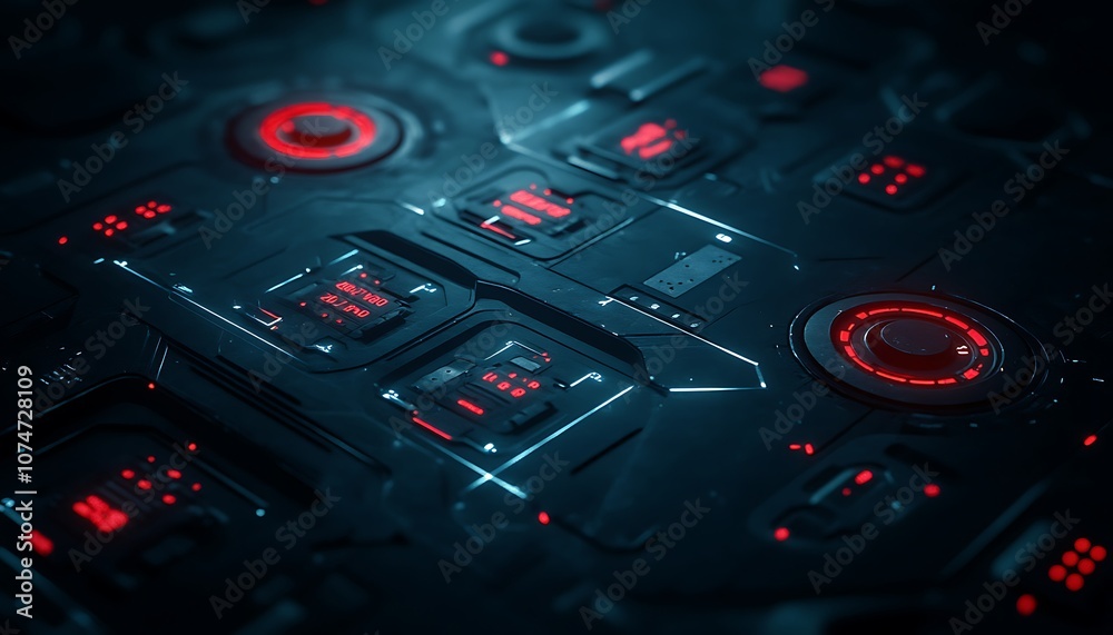 Fototapete a futuristic circuit board design featuring blue and red glowing elements on a dark background, emph