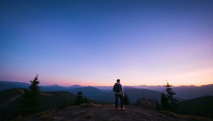 Man Hiking Mountain Peak at Sunset