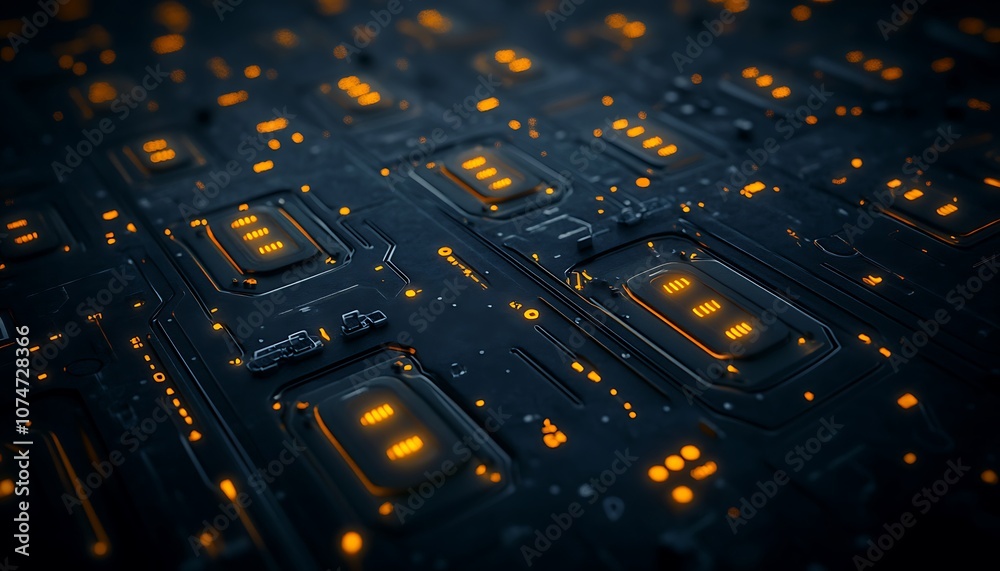 Leinwandbilder A close-up view of a circuit board with vibrant orange lights, showcasing intricate patterns and electronic components in a dark setting.