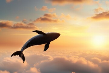A majestic whale soars through the sunset clouds captivating nature's most breathtaking moment