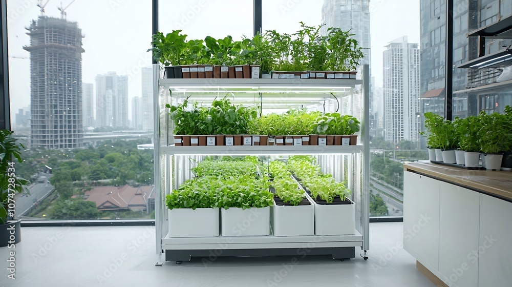 Poster Vertical Indoor Farming Setup in a High Rise Building with Multiple Layers of Green Plants Illuminated by Efficient LED Lighting Creating a Sustainable and Productive Agriculture System