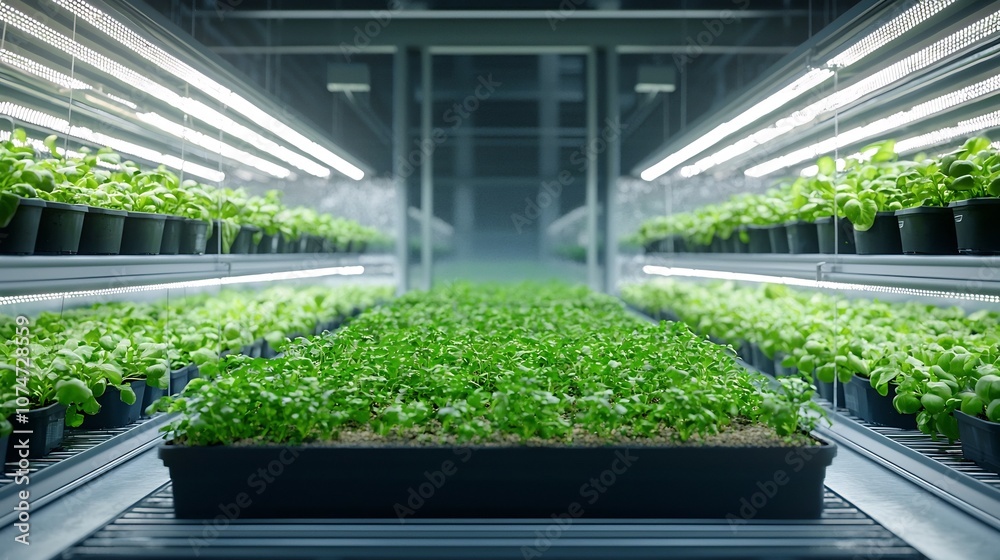 Aufkleber Vertical farming setup in a high rise building with multiple layers of green plants illuminated by LED lights creating an efficient indoor agriculture system for sustainable food production