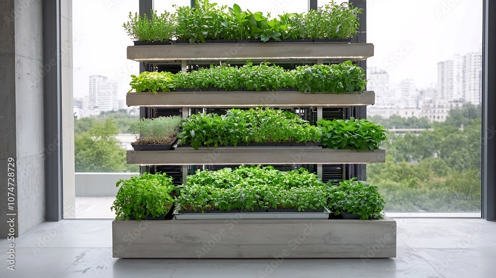 Poster innovative vertical hydroponics farm with led lighting inside a tall modern urban building maximizin