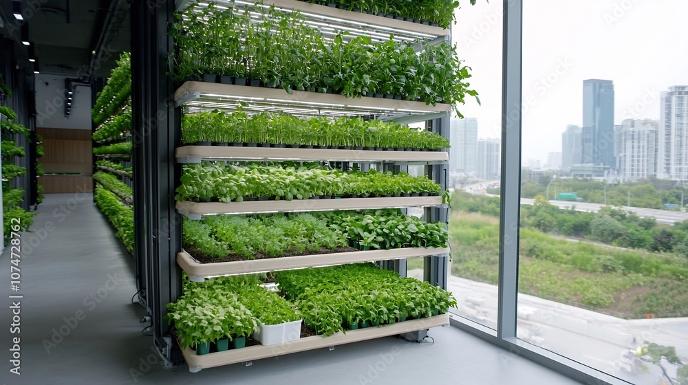Poster Innovative vertical farm inside a tall building with multiple levels of hydroponically grown herbs and greens