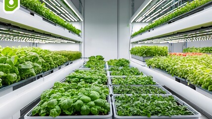 Innovative multi layered vertical farm with various vegetables growing in an organized indoor space LED lights providing optimal conditions for sustainable and high yield food production