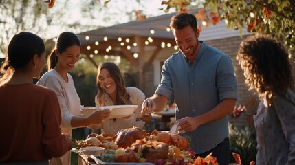 Friends gathering outdoors to enjoy a festive autumn meal with a variety of dishes and warm decorations during sunset