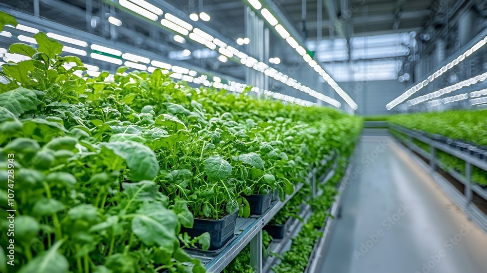 Poster Rows of lush vibrant vegetables growing vertically in a high tech indoor farming facility with energy efficient LED lights illuminating each level to create a sustainable