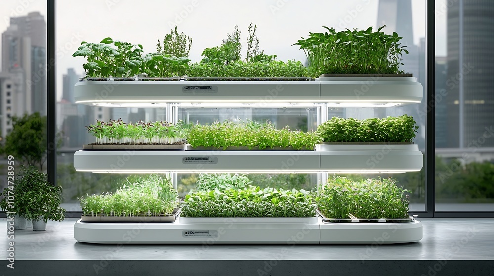 Poster futuristic vertical farming setup featuring multiple levels of herbs and vegetables growing under ad
