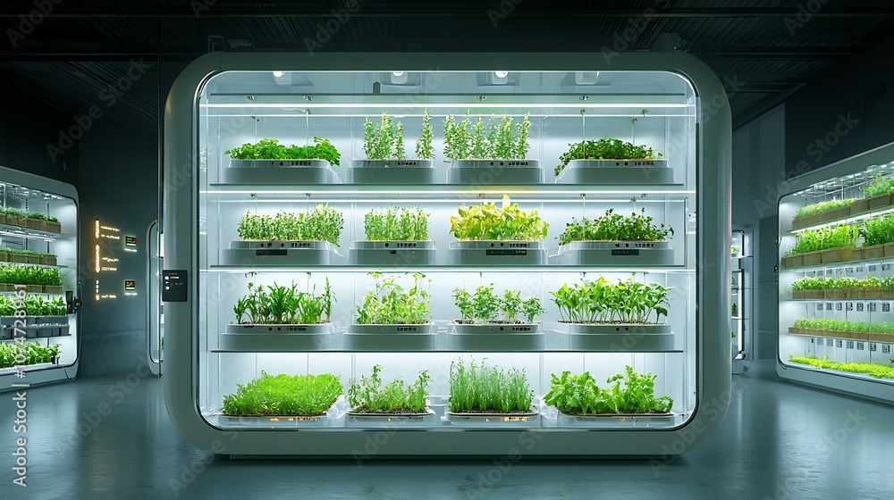 Aufkleber Futuristic vertical farming setup with herbs and vegetables growing on multiple levels illuminated by adjustable LED lights for efficient and controlled indoor cultivation