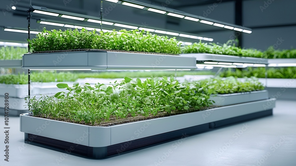 Aufkleber Futuristic Vertical Farming Setup with Adjustable LED Lights Illuminating the Growth of Herbs and Vegetables on Multiple Levels in a Controlled High Tech Environment