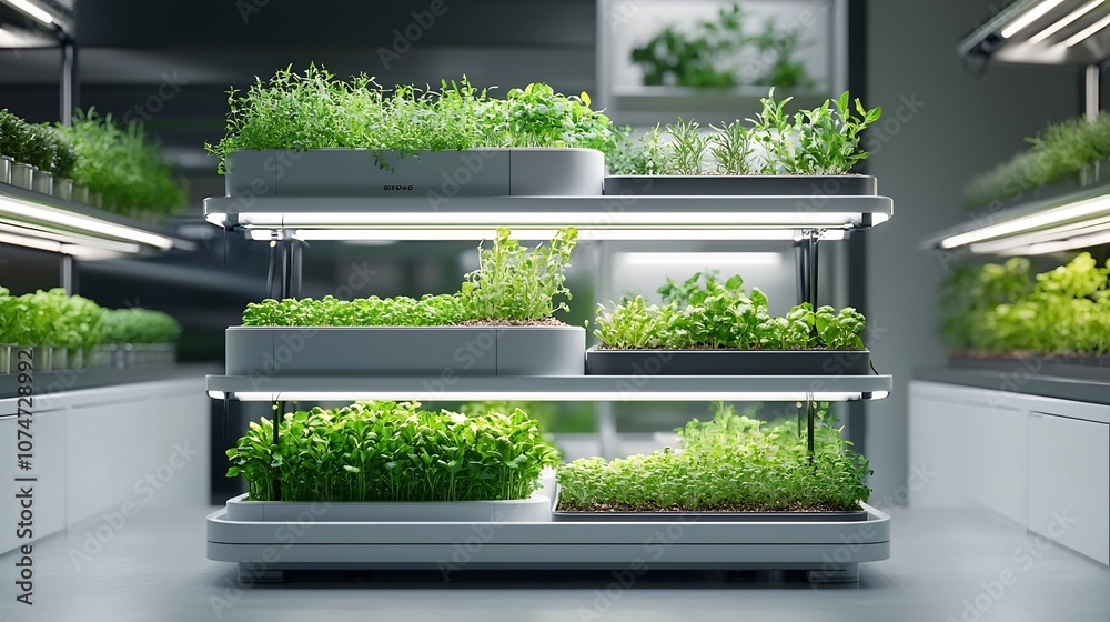 Poster futuristic vertical farming setup with multiple levels of herbs and vegetables growing under adjusta
