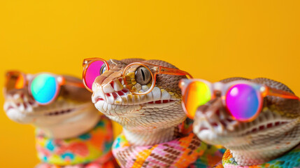 Ball Pythons in Colorful Party Attire, A vibrant display of playful snakes dressed in eclectic outfits, perfect for a fun birthday party invitation banner, eye-catching design