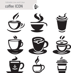 Coffee icon collection - vector outline illustration and silhouette